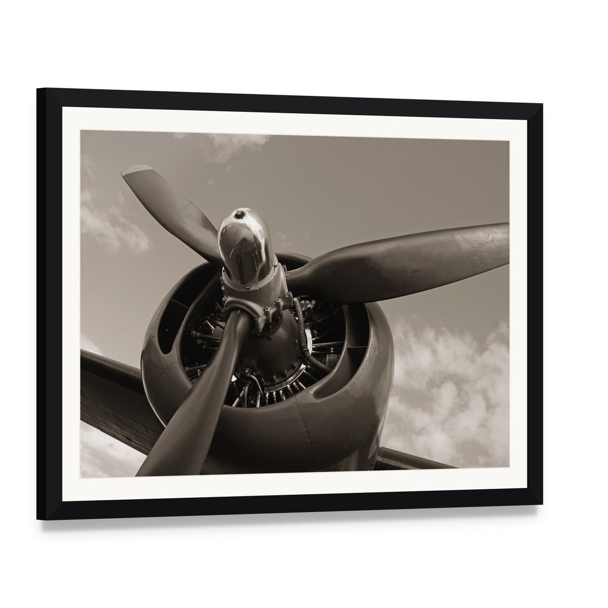 Old Airplane Propeller Canvas Wall Art, framed print with white mat and black frame, angled product view