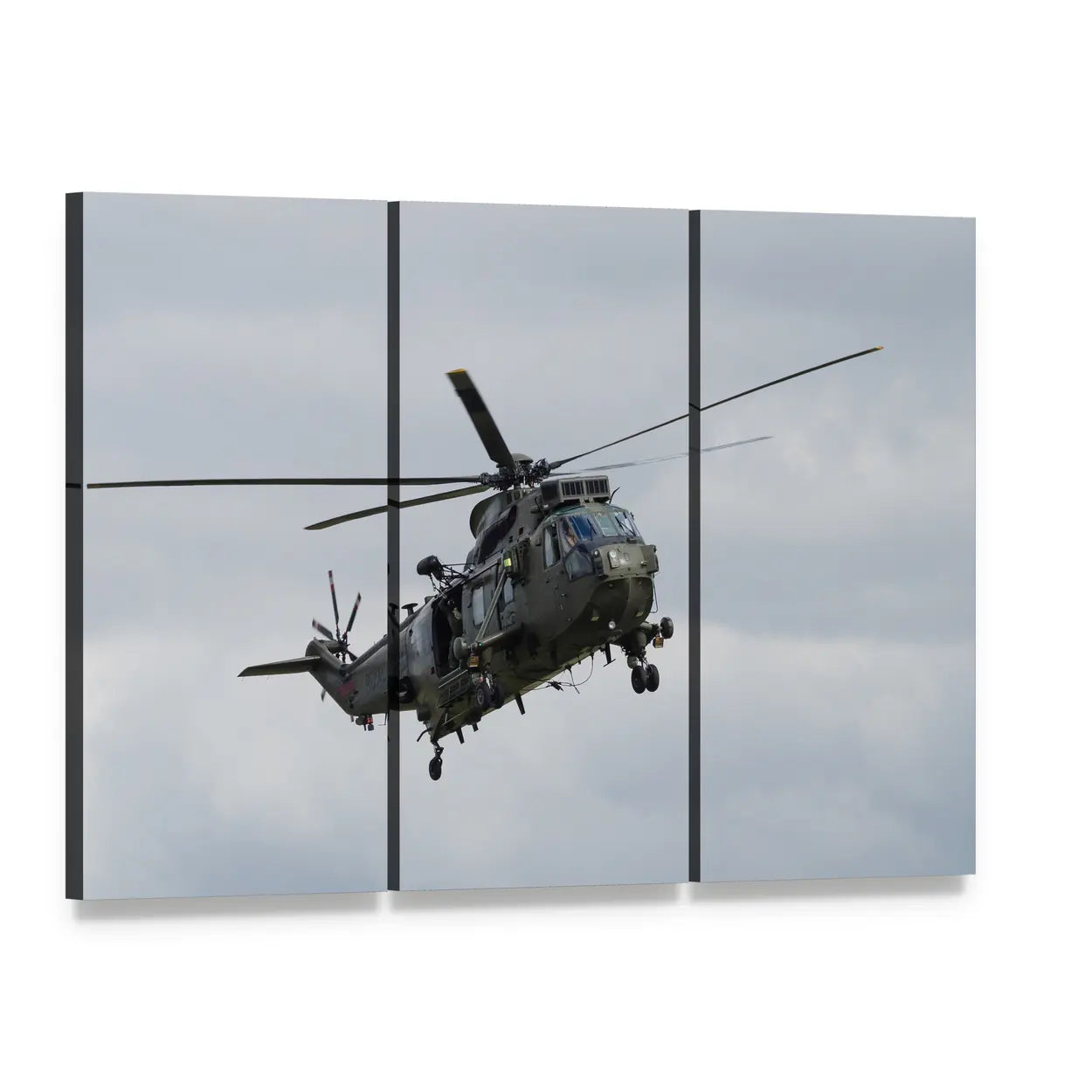 Royal Navy Sea King Helicopter Canvas Wall Art, 3 panel 3 Horizontal layout gallery wrapped canvas set, angled product view