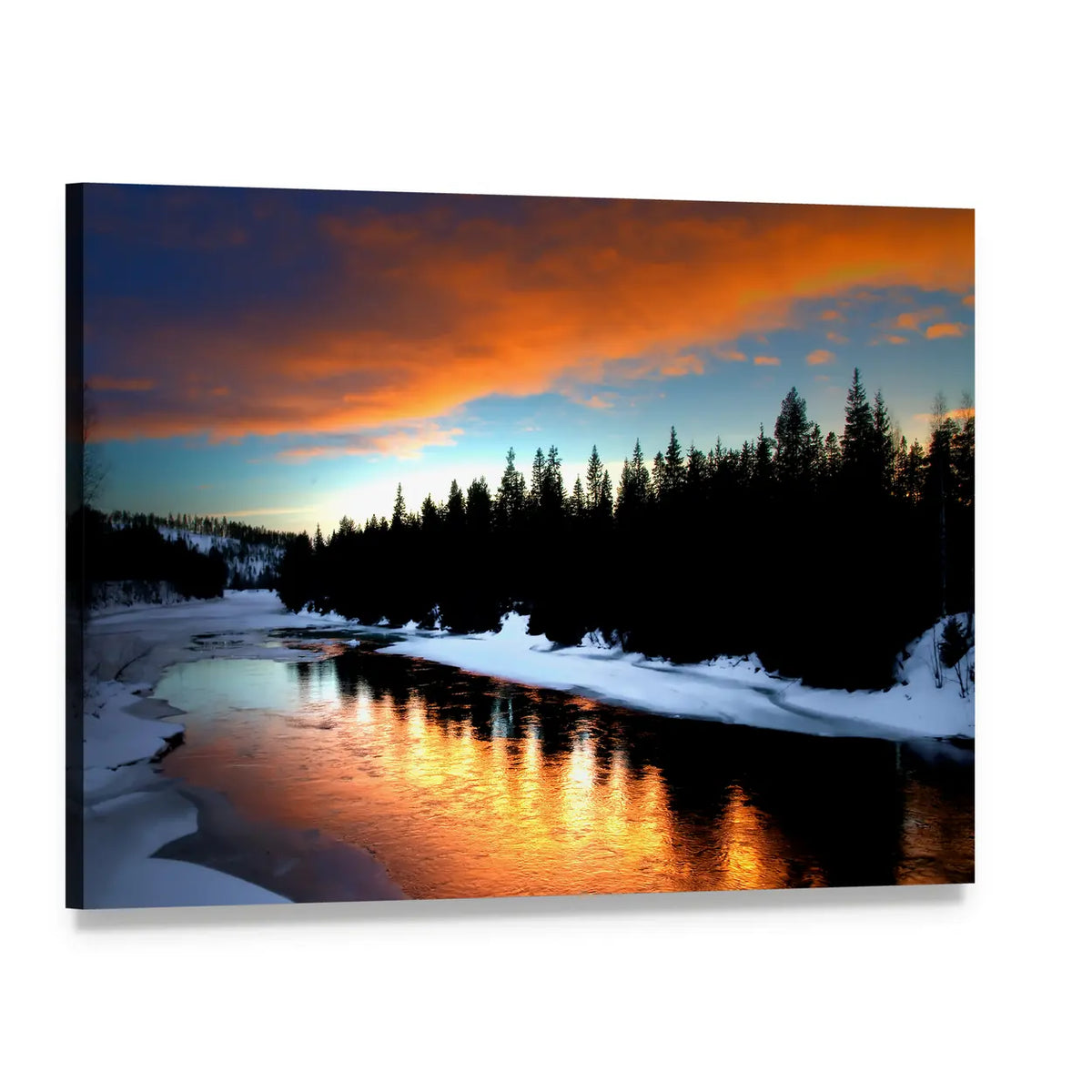 Winter River From Lapland Canvas Wall Art, single panel gallery wrapped canvas, angled product view
