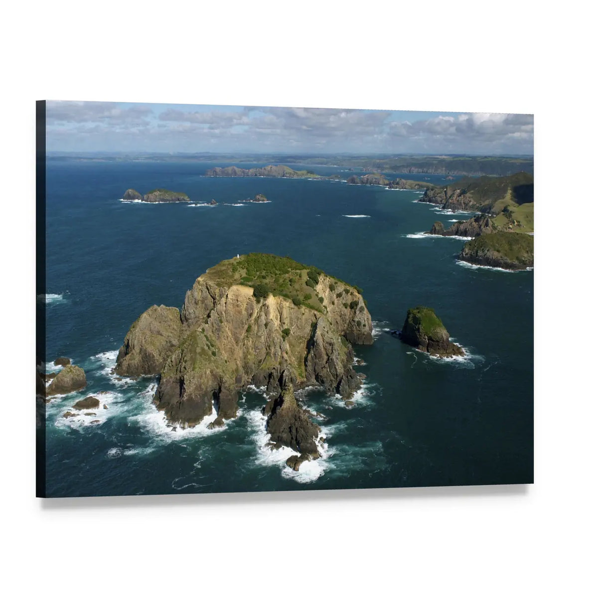 Aerial View of Rocky Island and Ocean Canvas Wall Art, single panel gallery wrapped canvas, angled product view