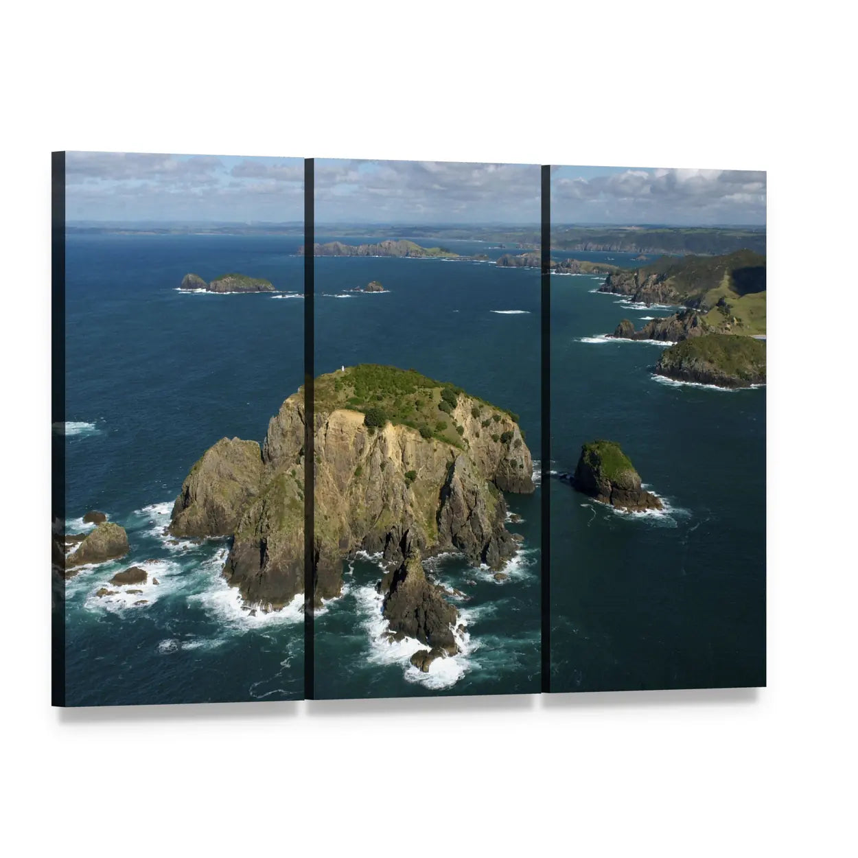 Cavalli Islands Aerial View Canvas Wall Art, 3 panel 3 Horizontal layout gallery wrapped canvas set, angled product view