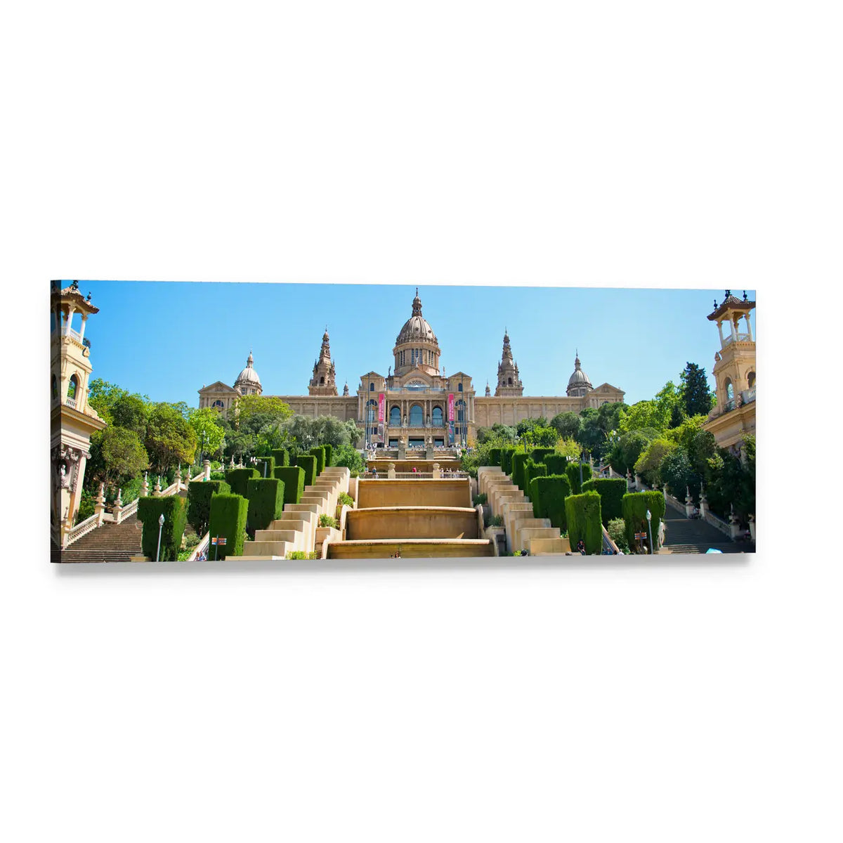 Palau Nacional Grand Staircase, Barcelona Landmark Panoramic Canvas Wall Art, single panel gallery wrapped canvas, angled product view
