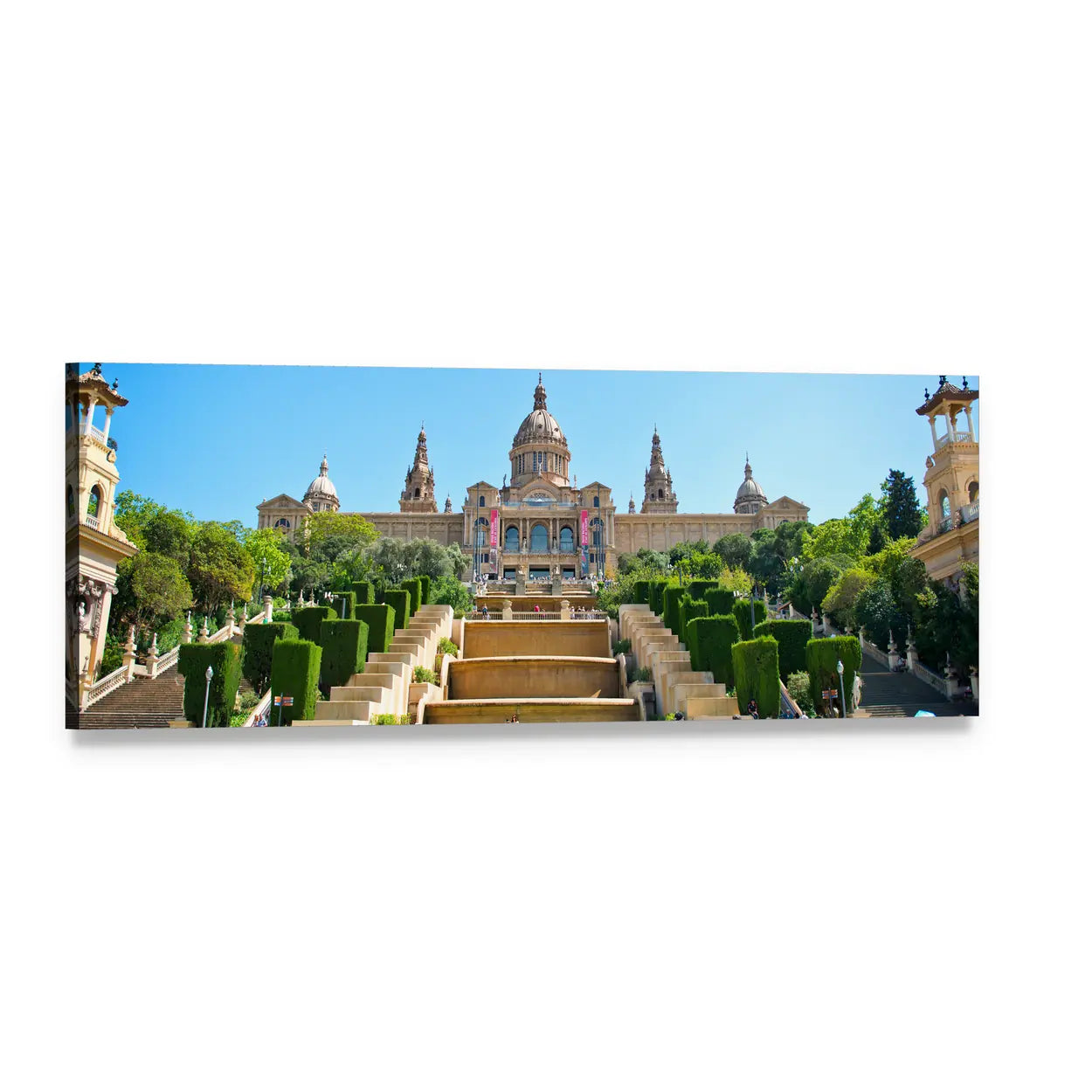 Palau Nacional Grand Staircase, Barcelona Landmark Panoramic Canvas Wall Art, single panel gallery wrapped canvas, angled product view