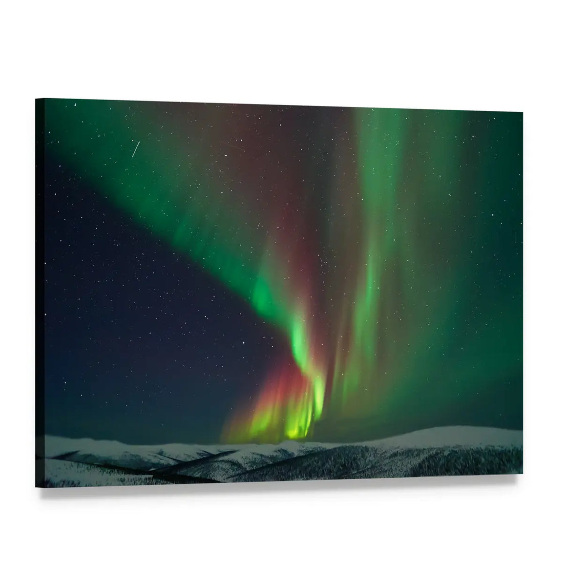 Aurora Borealis and Meteors Over Snowy Ridge Canvas Wall Art, single panel gallery wrapped canvas, angled product view
