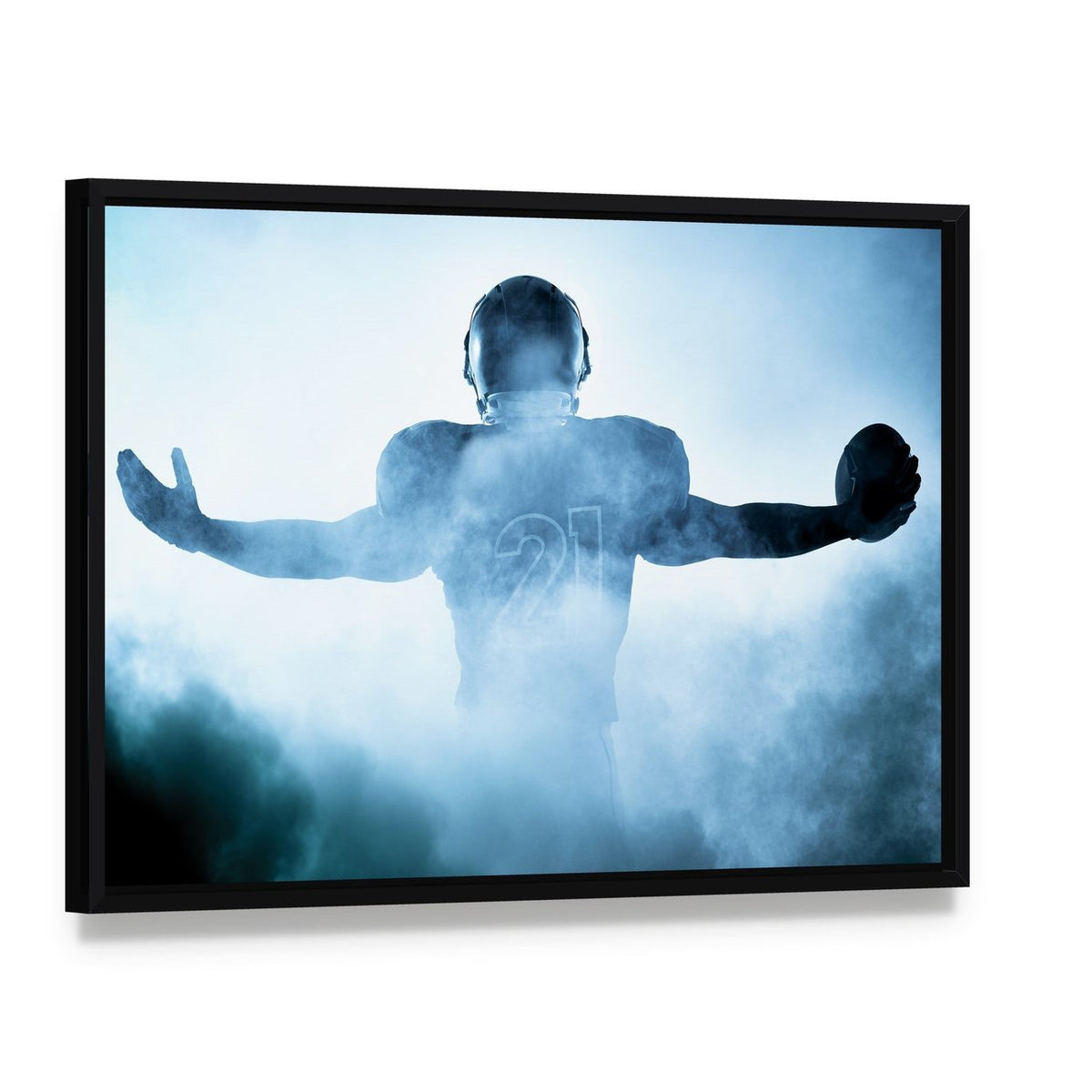 Football Player Portrait Silhouette Canvas Wall Art, framed canvas in a black floater frame, angled product view