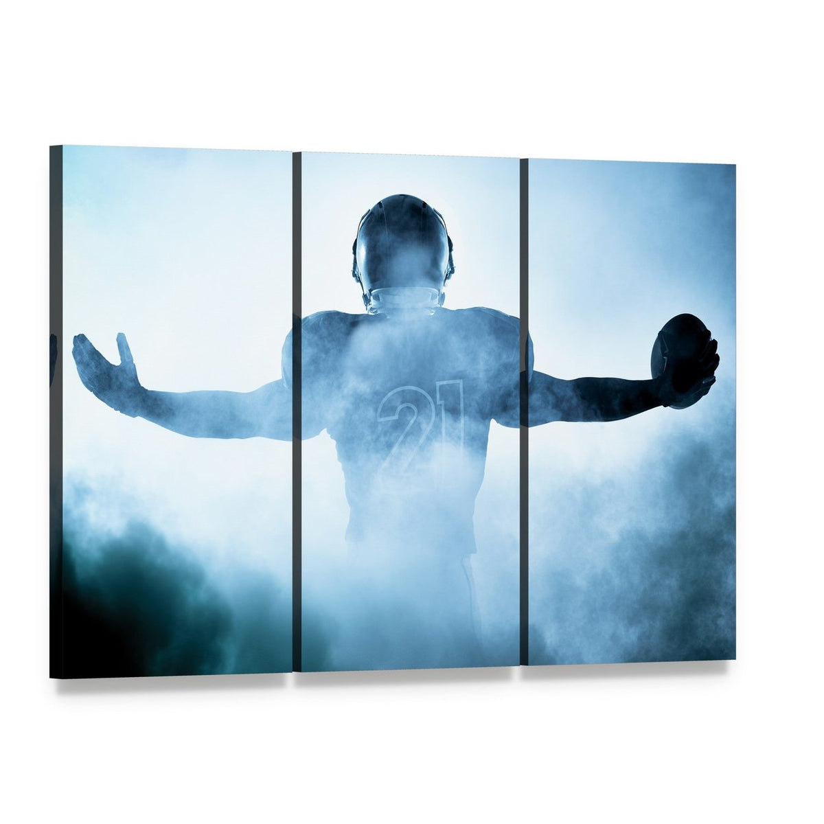 Football Player Portrait Silhouette Canvas Wall Art, 3 panel 3 Horizontal layout gallery wrapped canvas set, angled product view