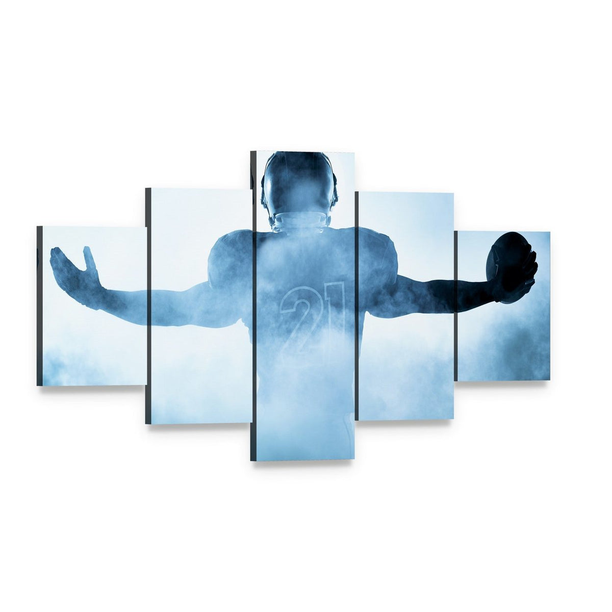 Football Player Portrait Silhouette Canvas Wall Art, 5 panel 5 Star layout gallery wrapped canvas set, angled product view