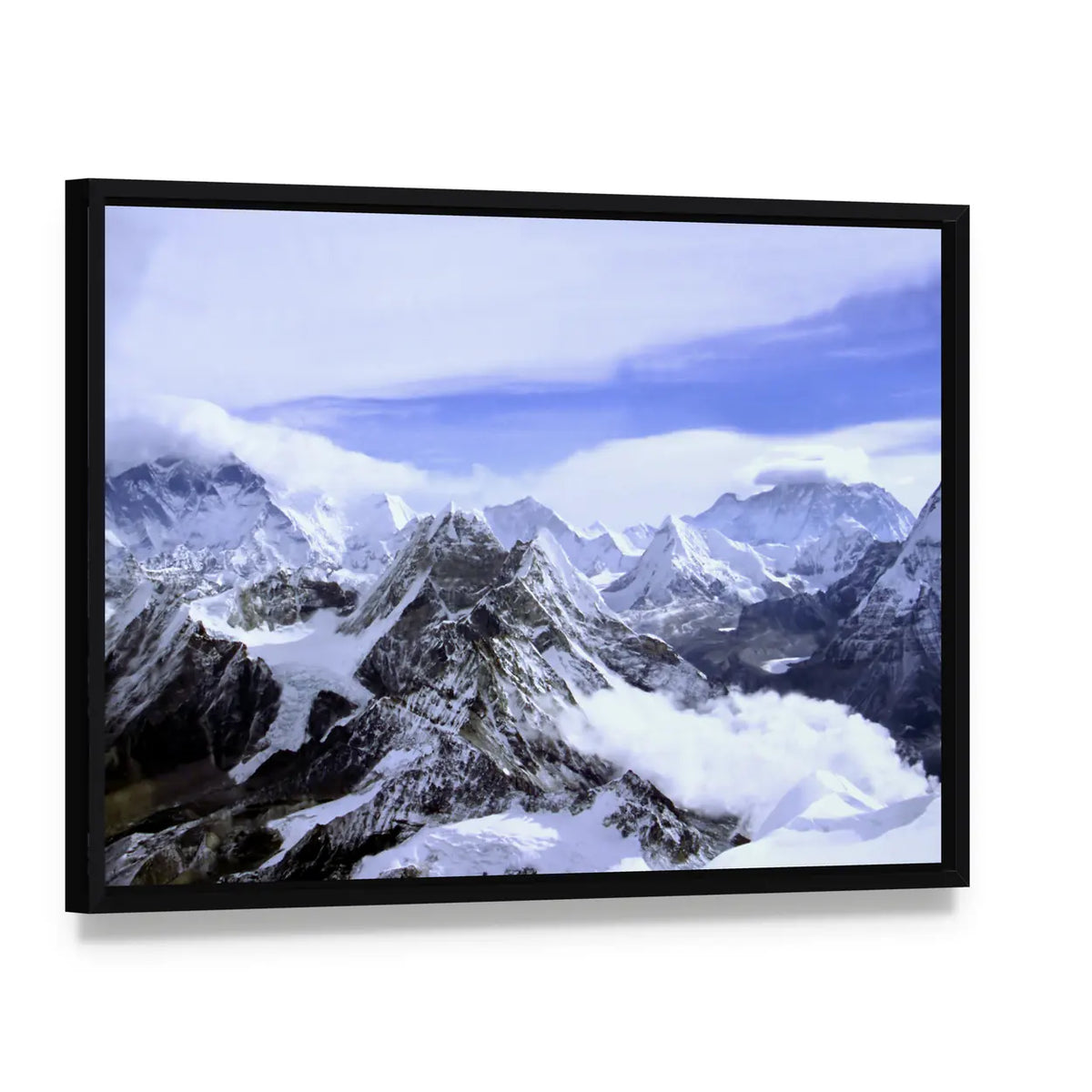 Himalayan Snow-capped Peaks Canvas Wall Art, framed canvas in a black floater frame, angled product view