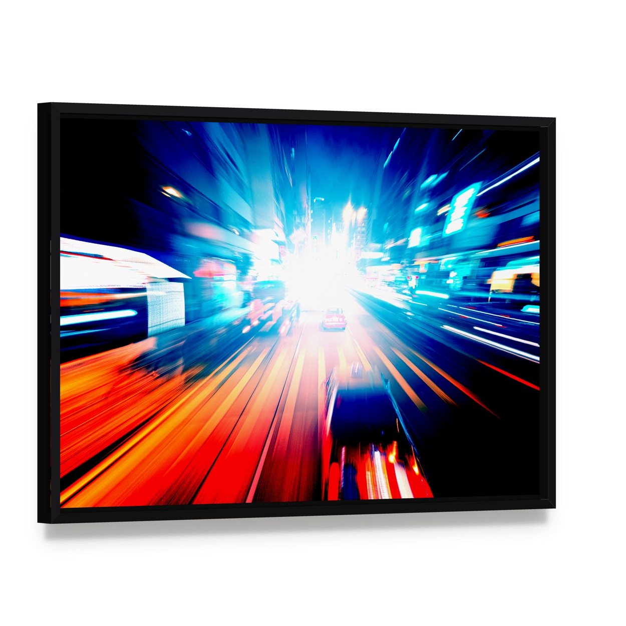 Colorful Night Traffic Canvas Wall Art, framed canvas in a black floater frame, angled product view