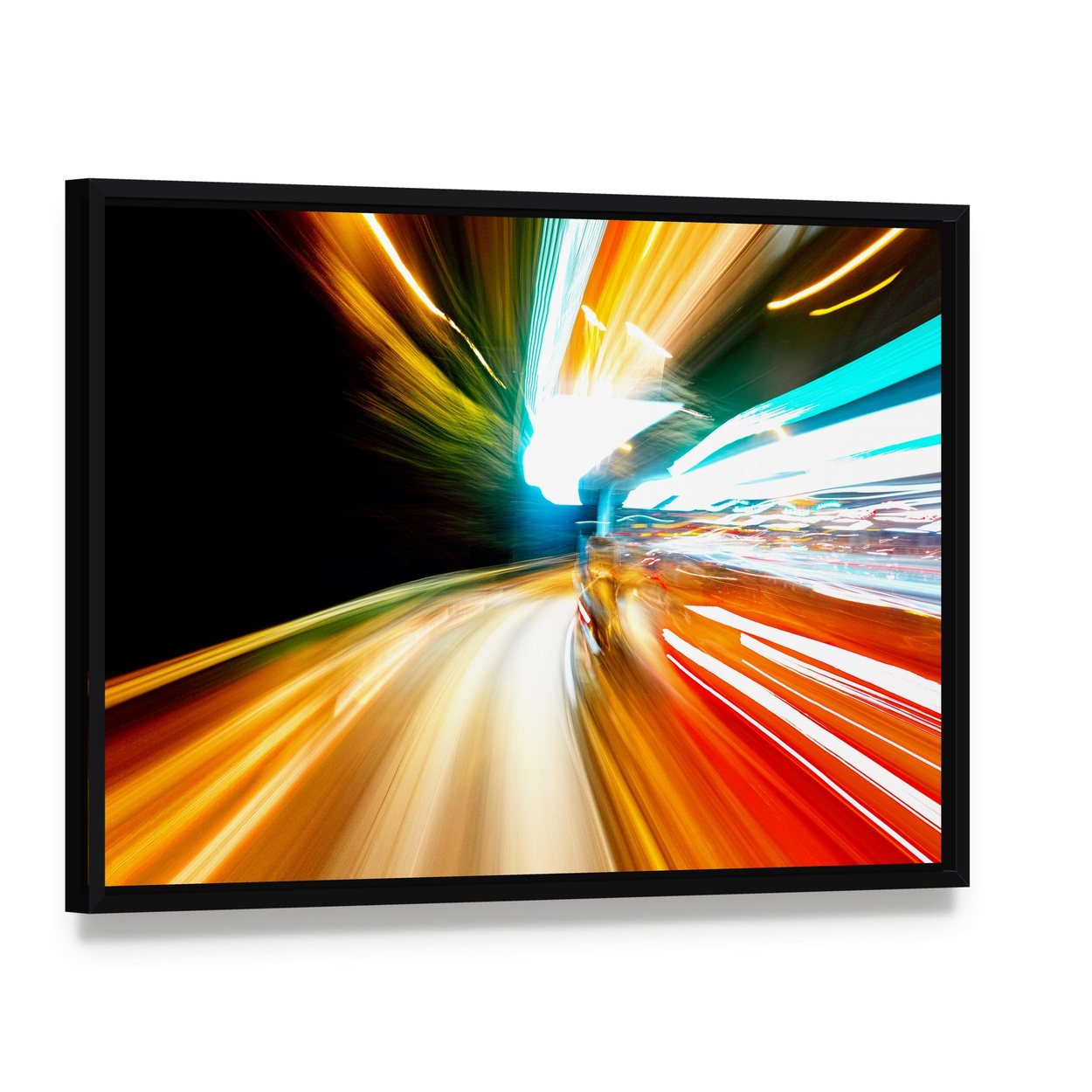 Night Traffic Blur Motion Canvas Wall Art, framed canvas in a black floater frame, angled product view