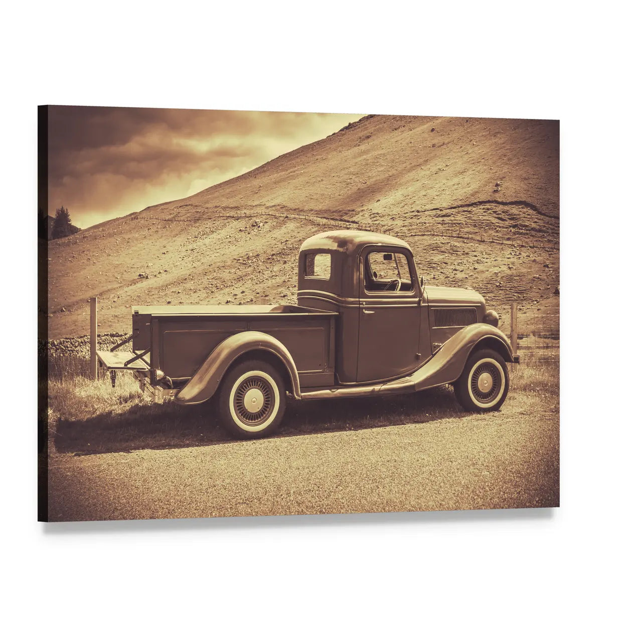 Vintage Pickup Truck in Sepia Canvas Wall Art, single panel gallery wrapped canvas, angled product view