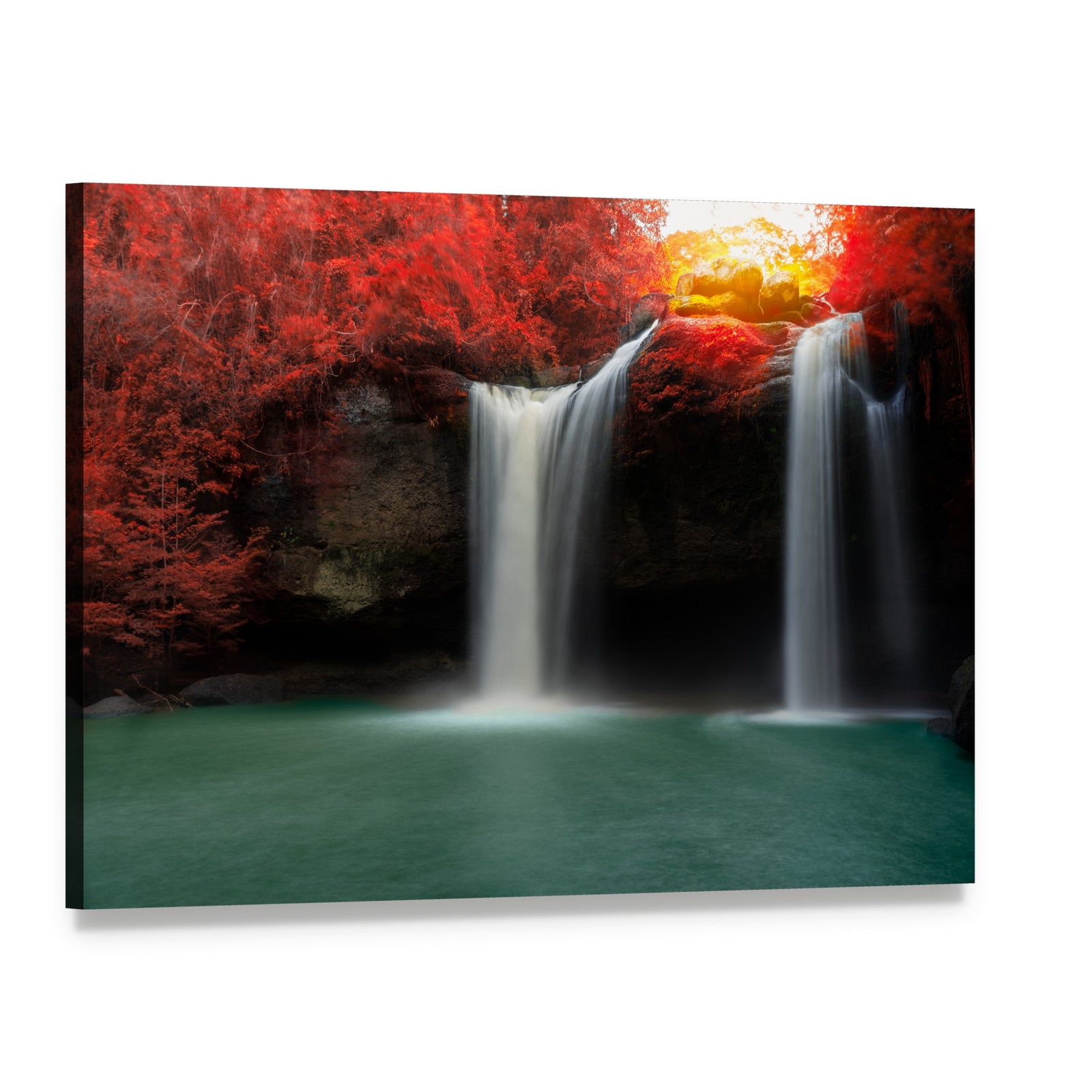 Waterfall with Red Trees Canvas Wall Art, single panel gallery wrapped canvas, angled product view