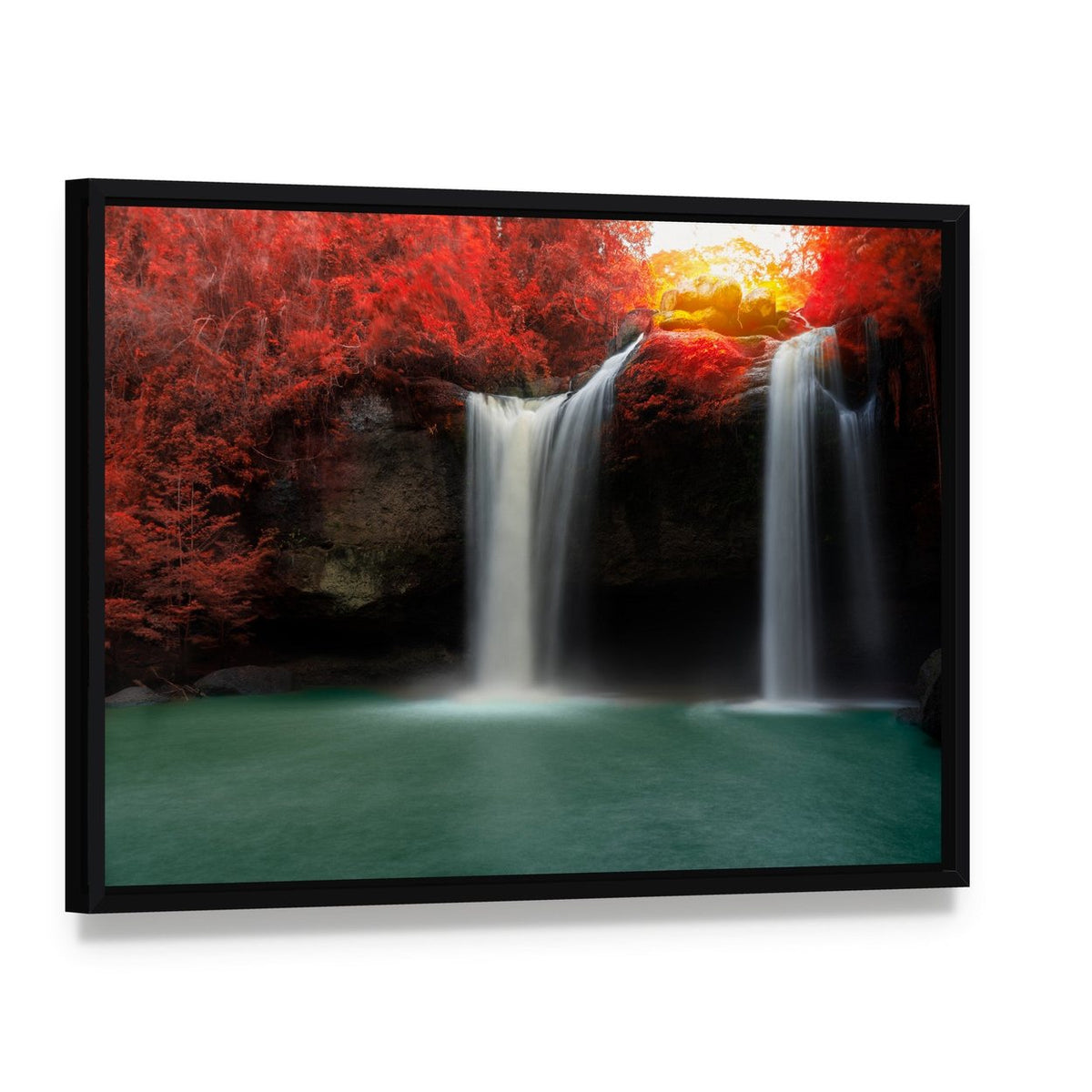 Waterfall with Red Trees Canvas Wall Art, framed canvas in a black floater frame, angled product view