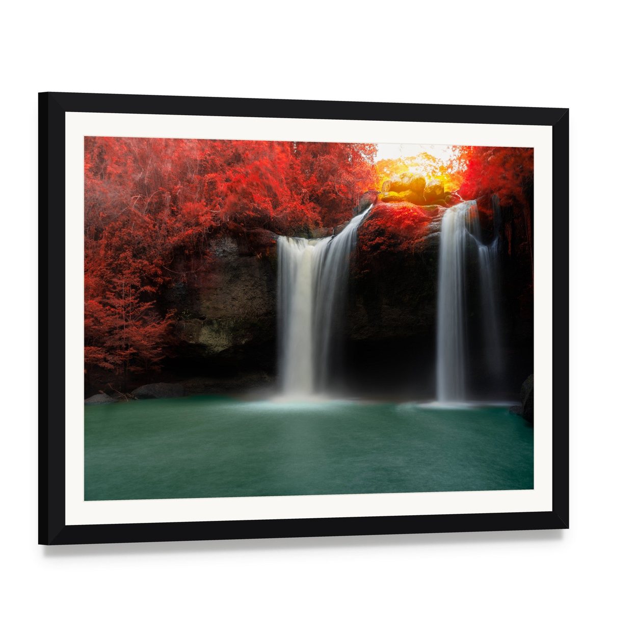 Waterfall with Red Trees Canvas Wall Art, framed print with white mat and black frame, angled product view