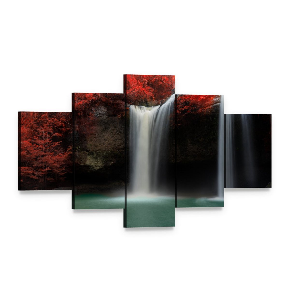 Waterfall with Red Trees Canvas Wall Art, 5 panel 5 Star layout gallery wrapped canvas set, angled product view