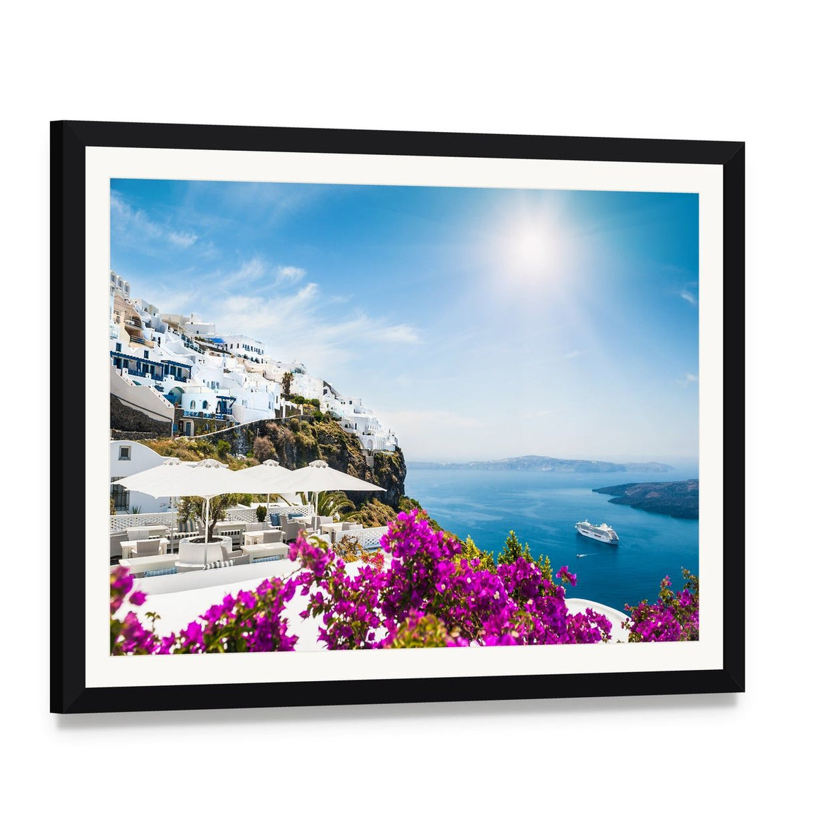 White Architecture on Santorini Island Canvas Wall Art, framed print with white mat and black frame, angled product view