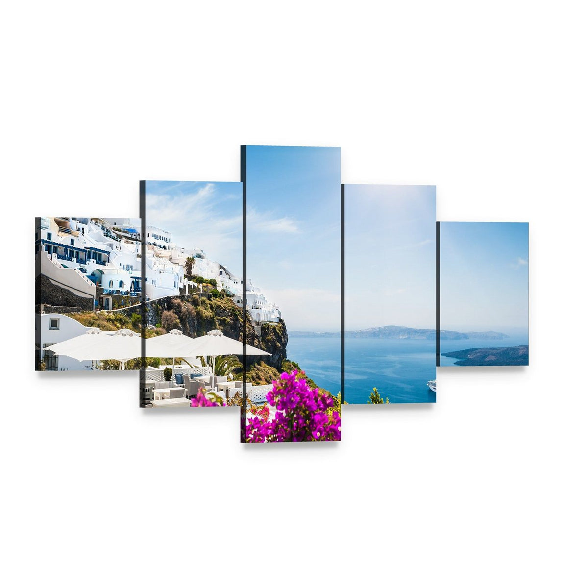 White Architecture on Santorini Island Canvas Wall Art, 5 panel 5 Star layout gallery wrapped canvas set, angled product view