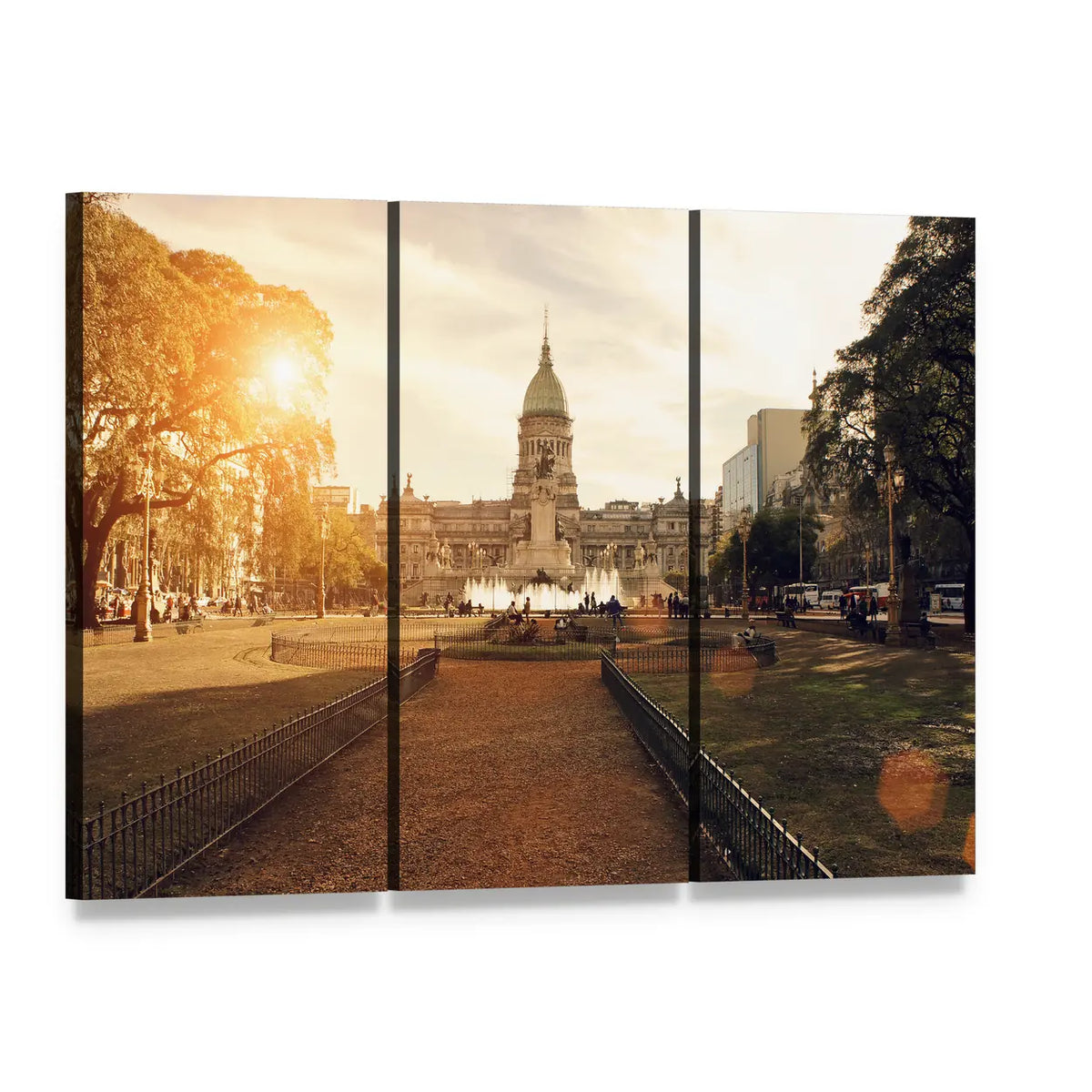Buenos Aires National Congress at Golden Hour Canvas Wall Art, 3 panel 3 Horizontal layout gallery wrapped canvas set, angled product view
