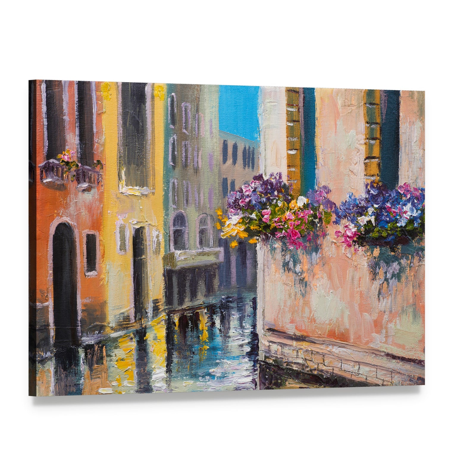 Watercolor Canal in Venice Italy Canvas Wall Art, single panel gallery wrapped canvas, angled product view