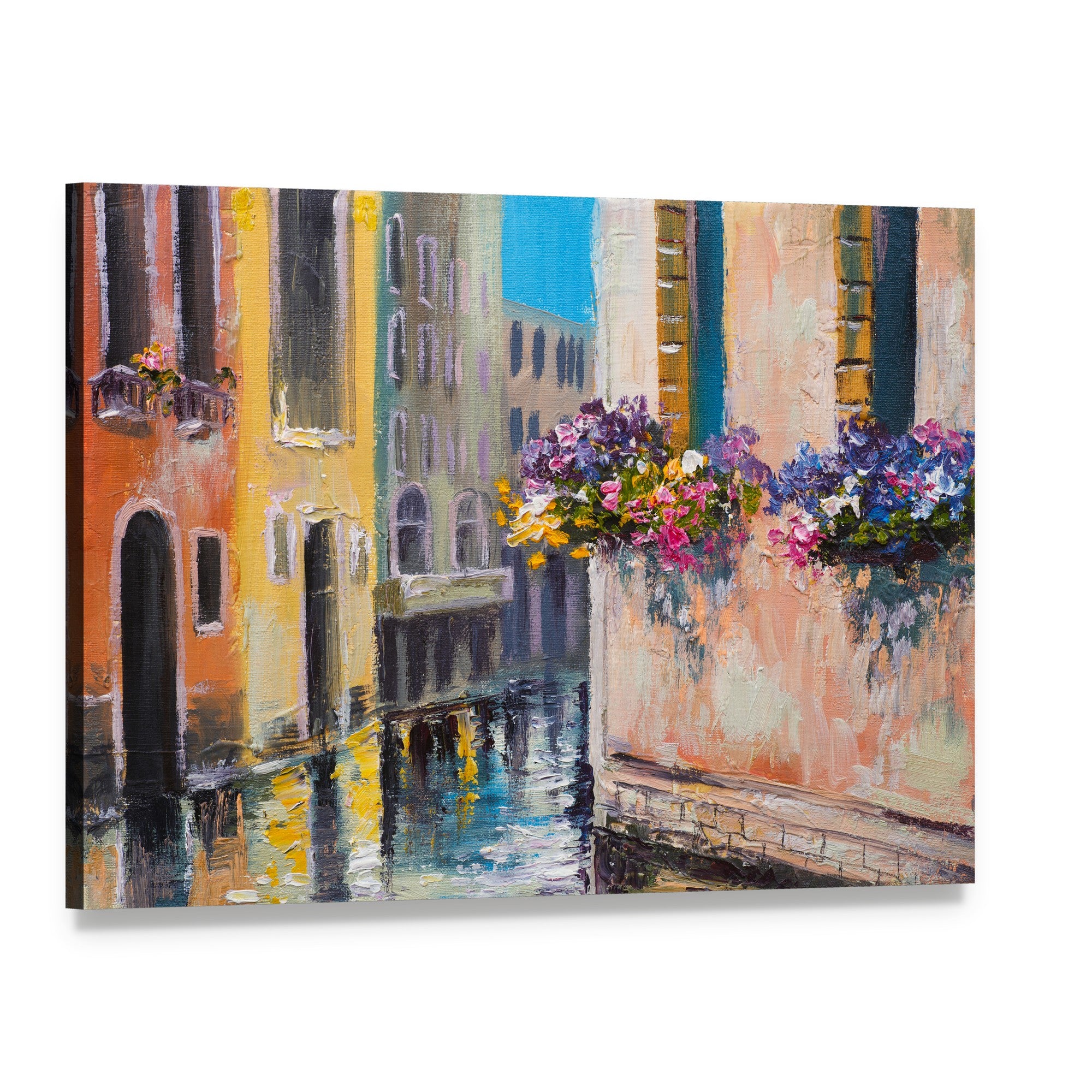 Watercolor Canal in Venice Italy Canvas Wall Art, single panel gallery wrapped canvas, angled product view
