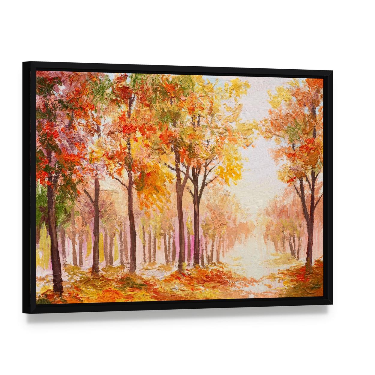 Colorful Autumn Forest Trees Canvas Wall Art, framed canvas in a black floater frame, angled product view