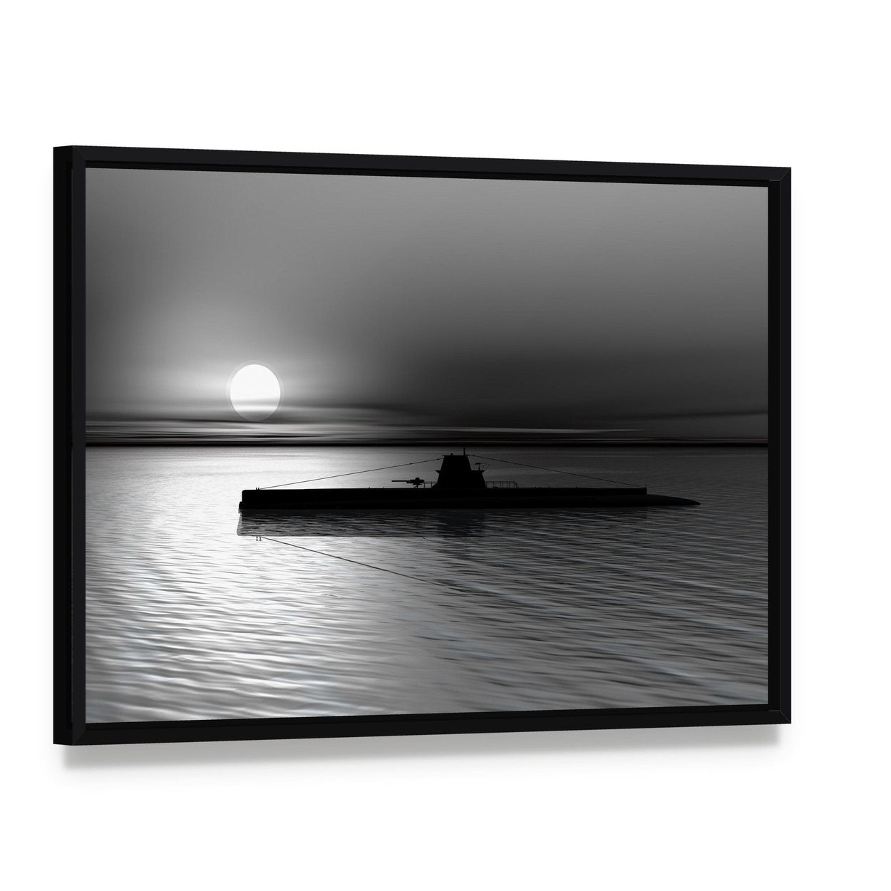 Submarine Sunset Reflection Canvas Wall Art, framed canvas in a black floater frame, angled product view