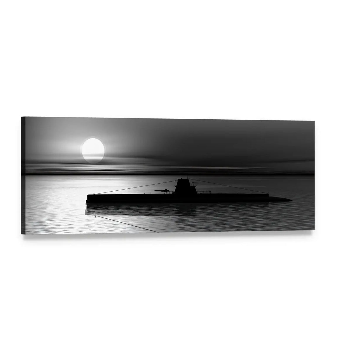 Submarine Silhouette at Sunset Panoramic Canvas Wall Art, single panel gallery wrapped canvas, angled product view
