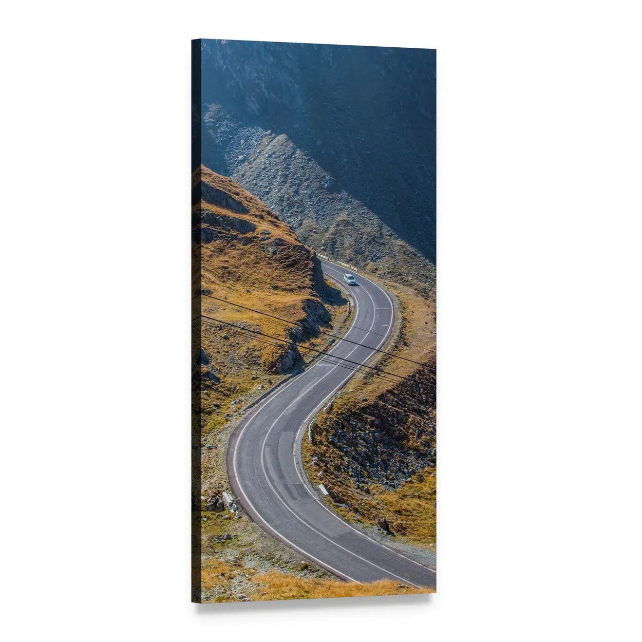 Winding Alpine Road with Distant Car Vertical Canvas Wall Art, 1 panel 1 Vertical layout gallery wrapped canvas set, angled product view