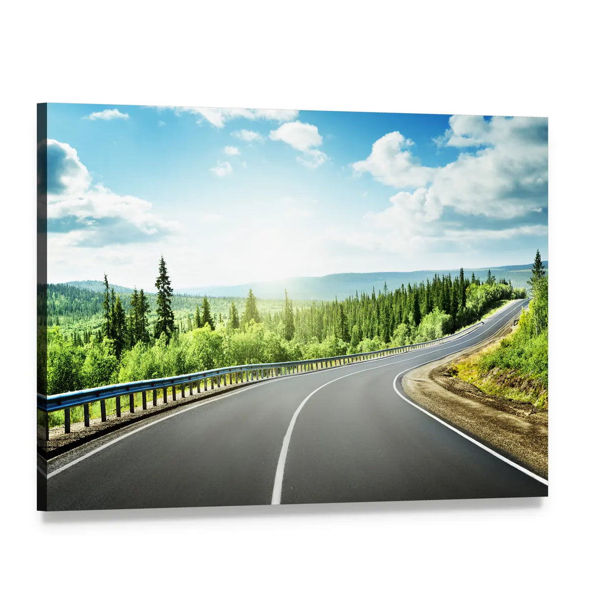 Winding Mountain Road Through Forest Canvas Wall Art, single panel gallery wrapped canvas, angled product view