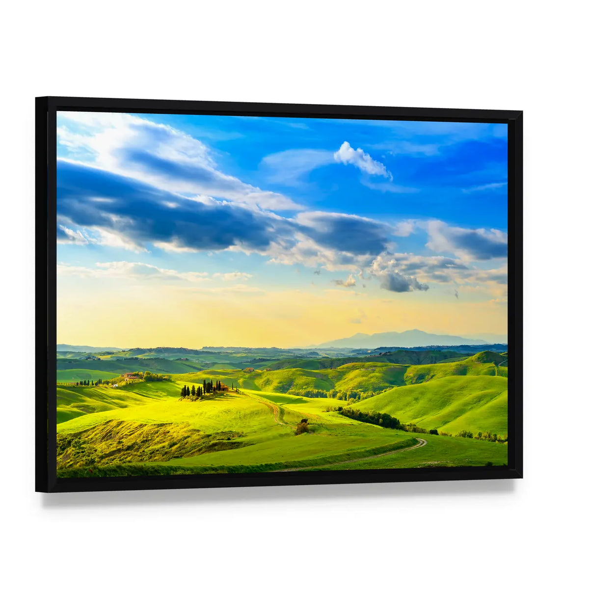 Tuscany Rolling Hills Farmhouse Canvas Wall Art, framed canvas in a black floater frame, angled product view