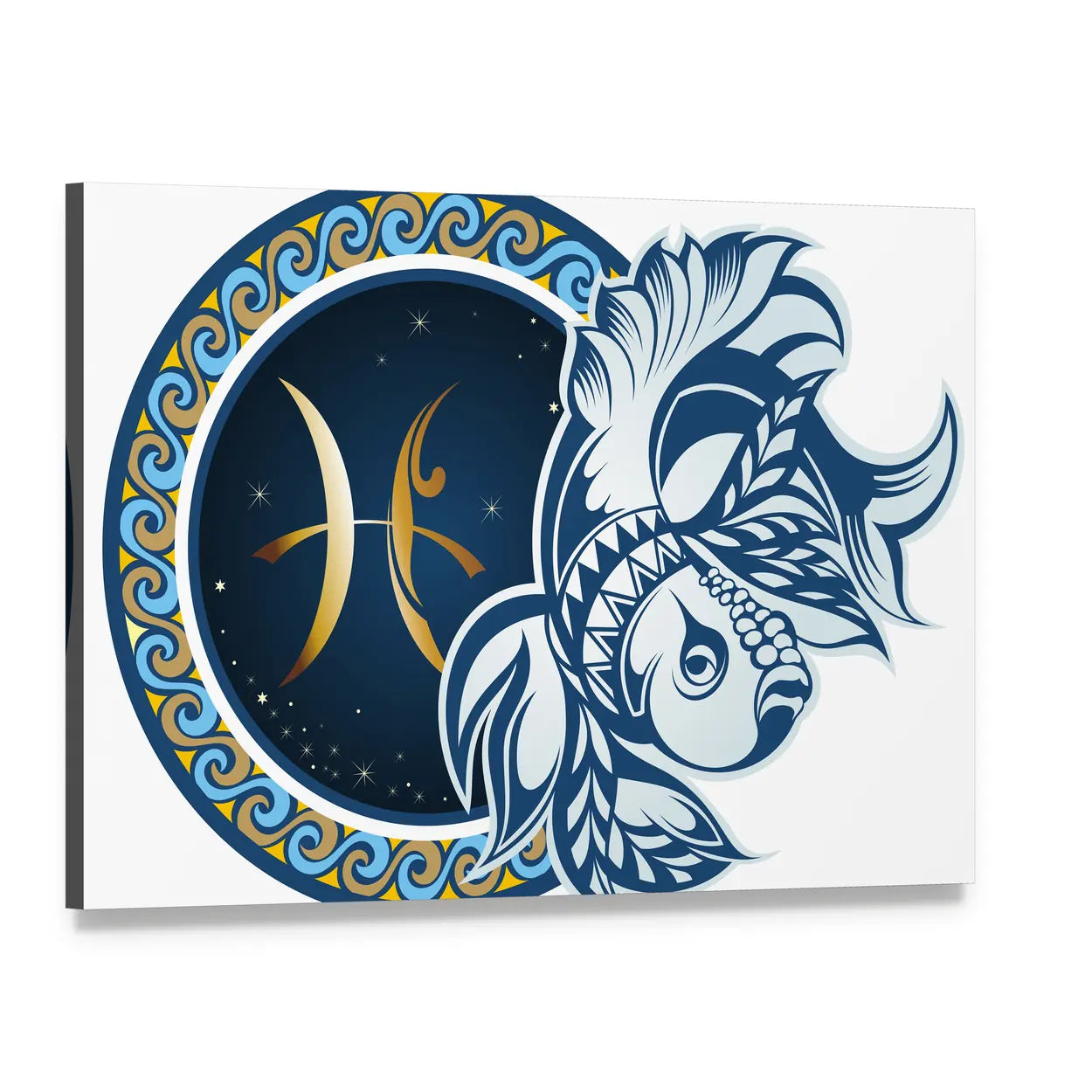 Golden Pisces Moon Illustration Canvas Wall Art, single panel gallery wrapped canvas, angled product view