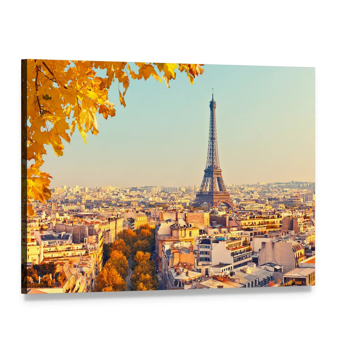 Eiffel Tower with Golden Autumn Foliage Canvas Wall Art, single panel gallery wrapped canvas, angled product view