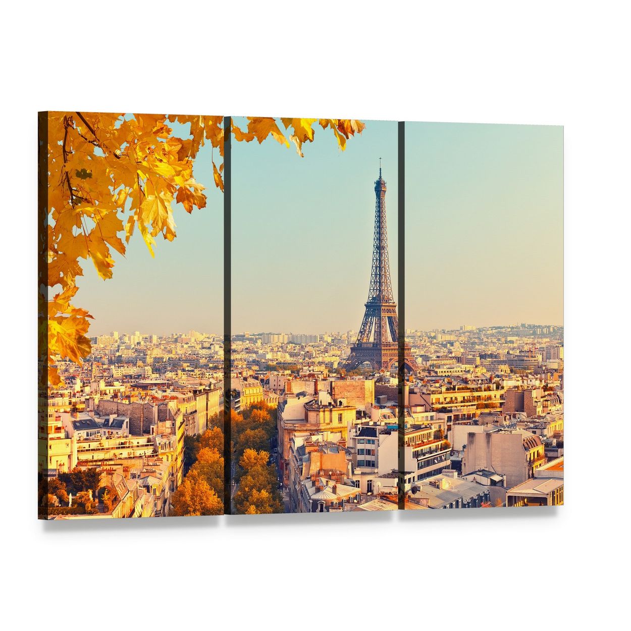 Eiffel Tower in Paris, Autumn Canvas Wall Art, 3 panel 3 Horizontal layout gallery wrapped canvas set, angled product view