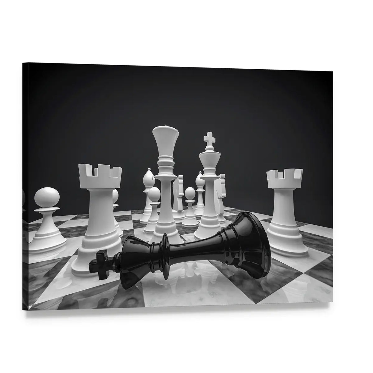 Fallen Black King on Chessboard Canvas Wall Art, single panel gallery wrapped canvas, angled product view