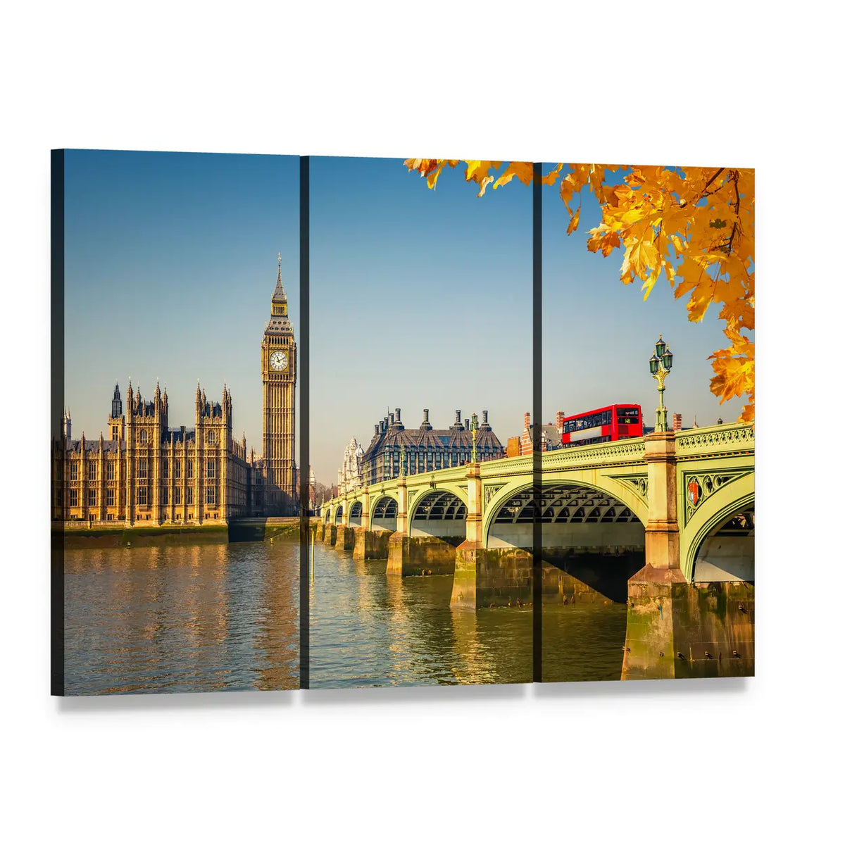 Big Ben and Westminster Bridge Canvas Wall Art, 3 panel 3 Horizontal layout gallery wrapped canvas set, angled product view