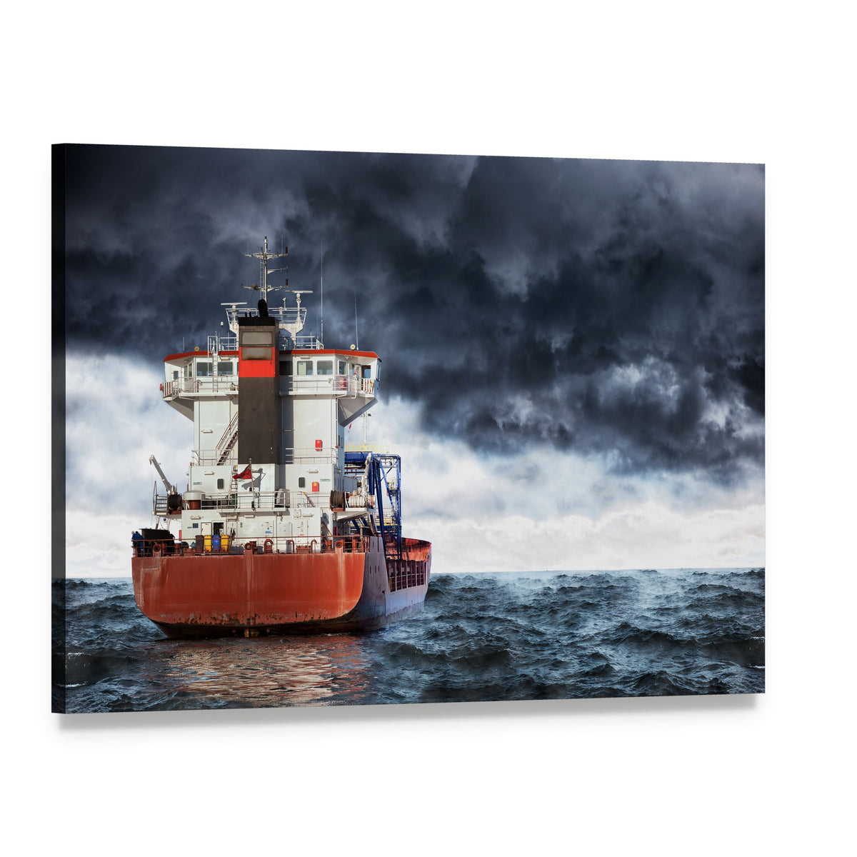 Cargo Ship Under Storm Clouds Canvas Wall Art, single panel gallery wrapped canvas, angled product view