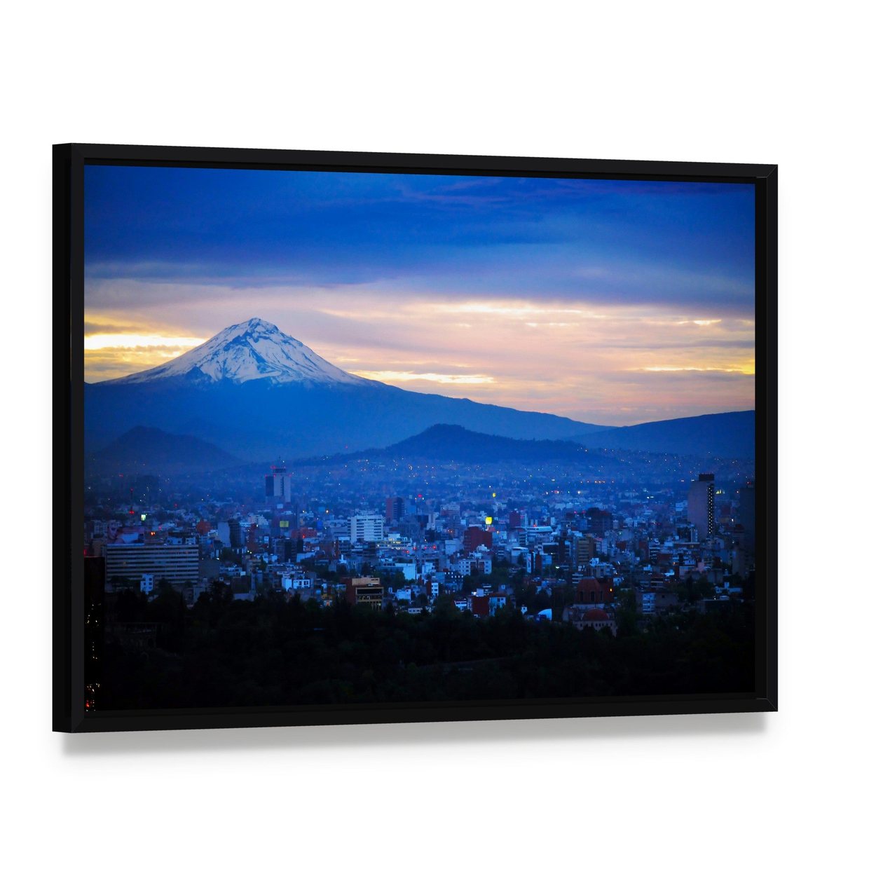 Popocatépetl Volcano at Dusk Canvas Wall Art, framed canvas in a black floater frame, angled product view
