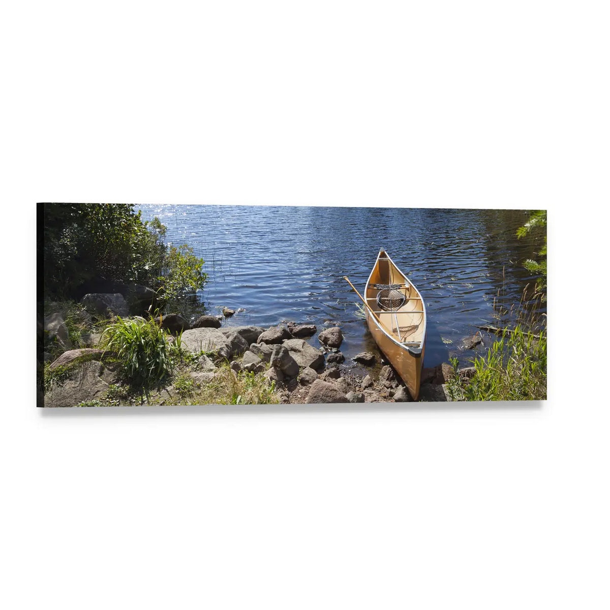 Yellow Canoe on Rocky Shore Panoramic Canvas Wall Art, single panel gallery wrapped canvas, angled product view