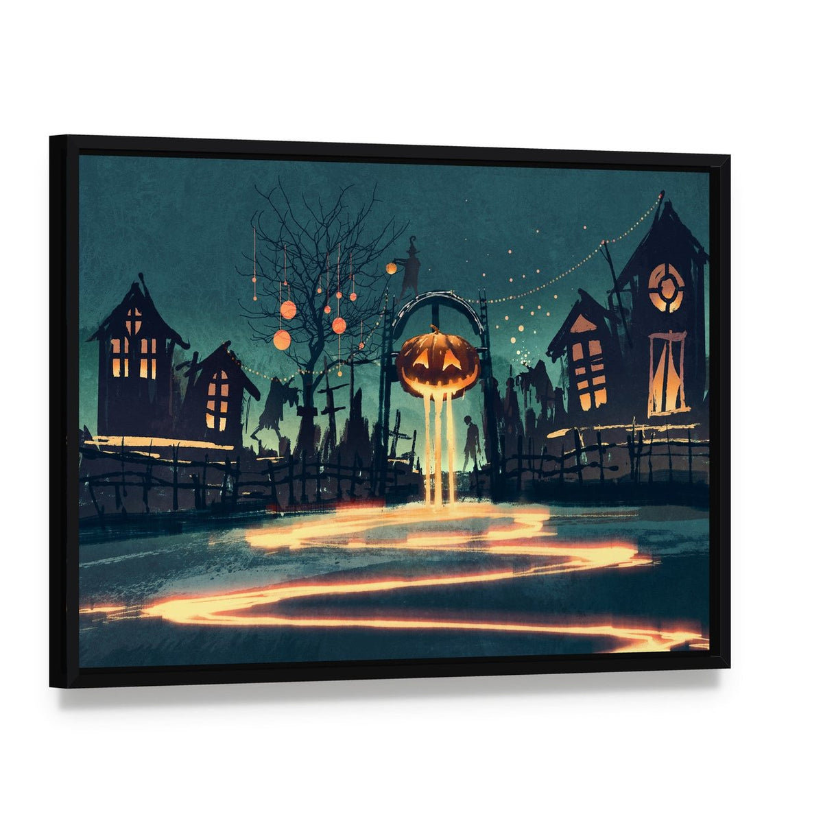 Halloween Night Canvas Wall Art, framed canvas in a black floater frame, angled product view