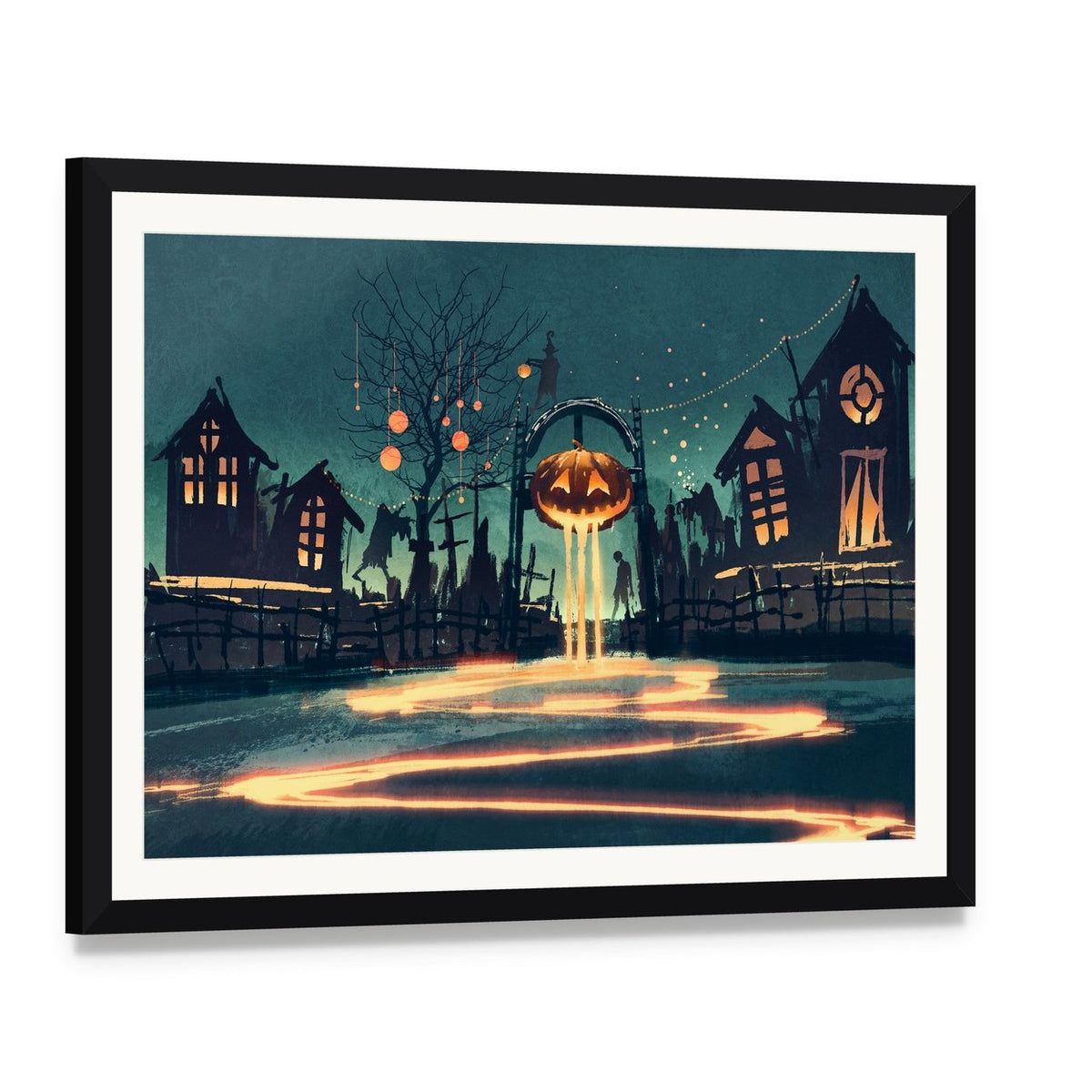 Halloween Night Canvas Wall Art, framed print with white mat and black frame, angled product view