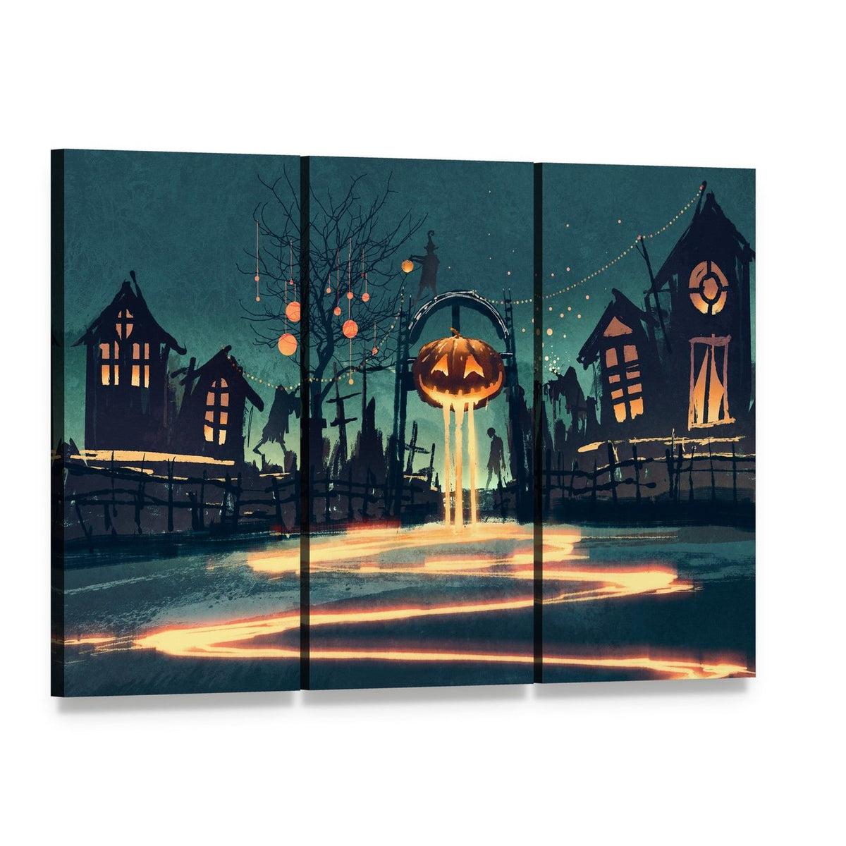 Halloween Night Canvas Wall Art in black, orange and blue, 5 panel Pop layout hung on a wall