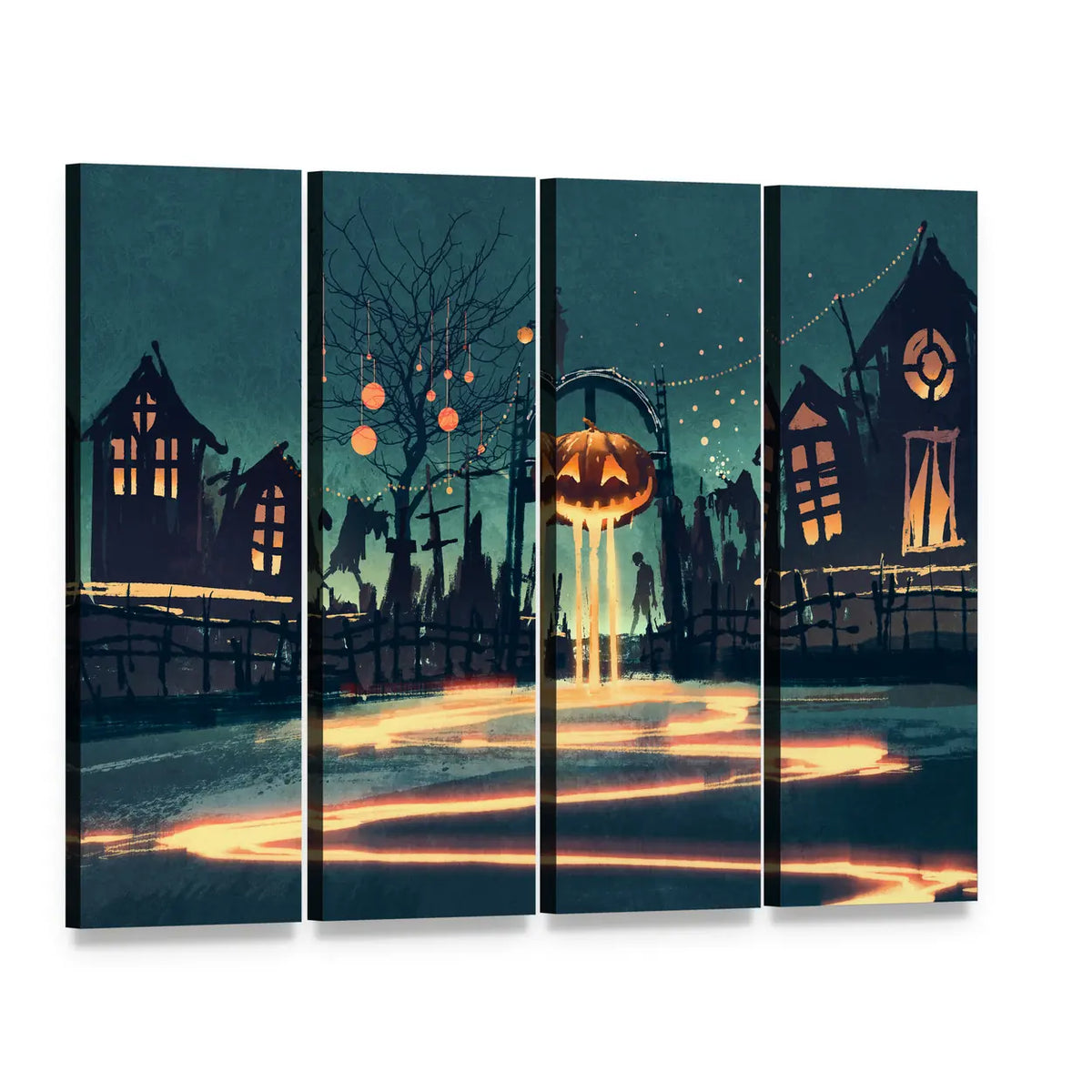 Giant Jack-o'-lantern with Glowing Path Canvas Wall Art, single panel gallery wrapped canvas, angled product view