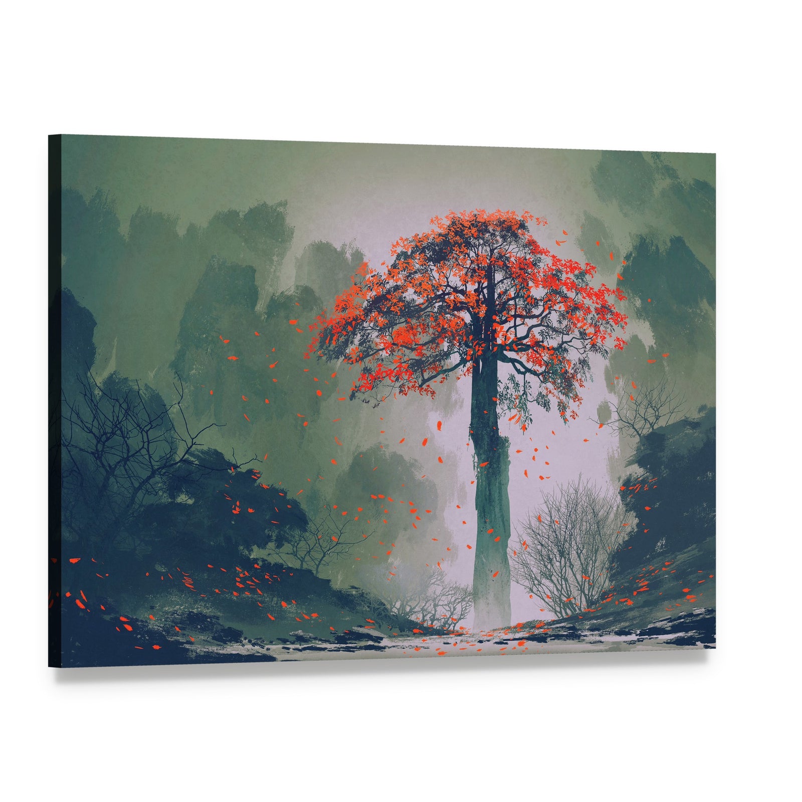Red Autumn Tree in Misty Forest Canvas Wall Art, single panel gallery wrapped canvas, angled product view