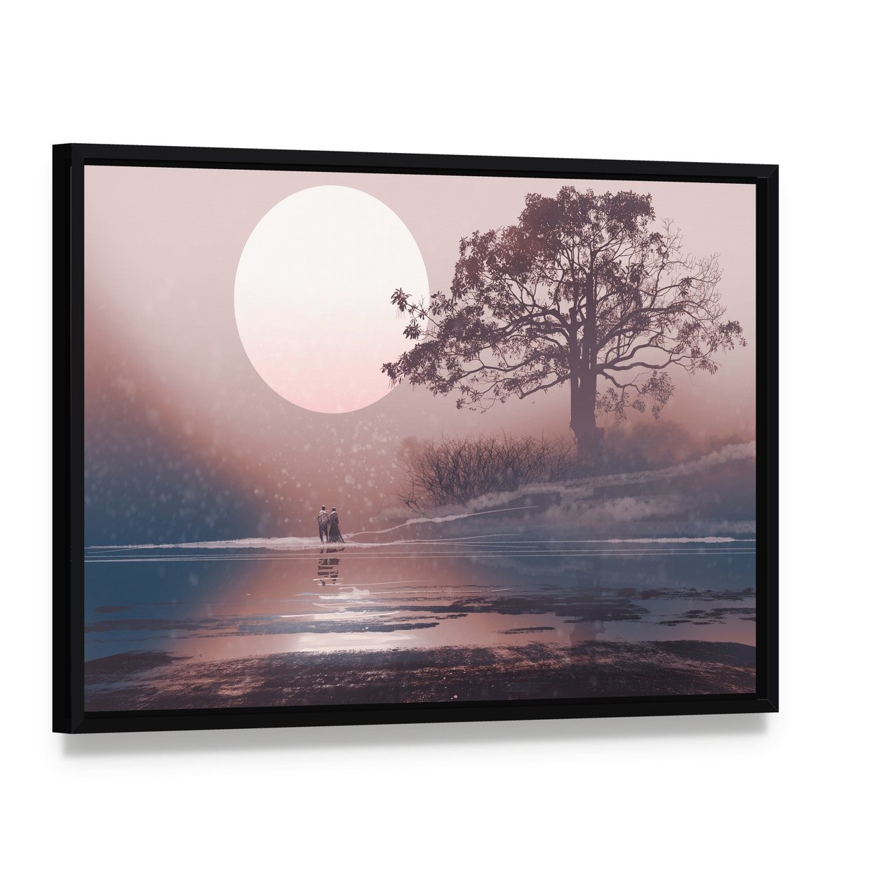 Love Couple in Winter Landscape Canvas Wall Art, framed canvas in a black floater frame, angled product view
