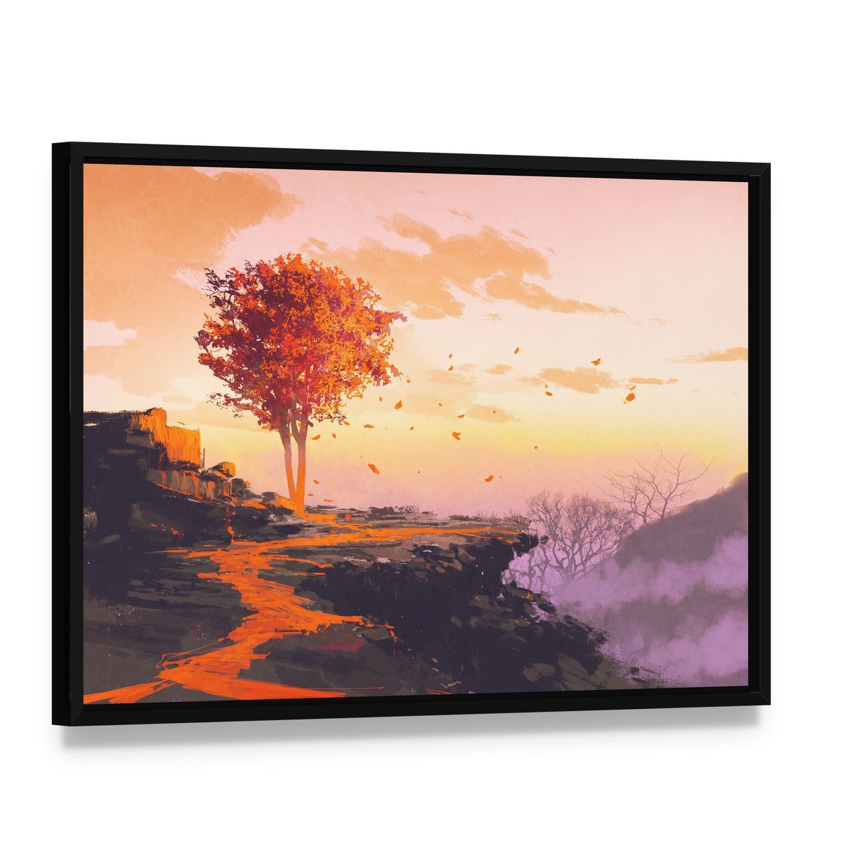 Melting Autumn Tree Canvas Wall Art, framed canvas in a black floater frame, angled product view