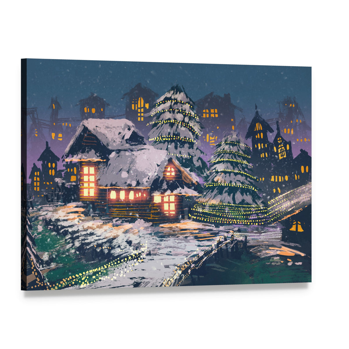Christmas Night Scene Canvas Wall Art, single panel gallery wrapped canvas, angled product view