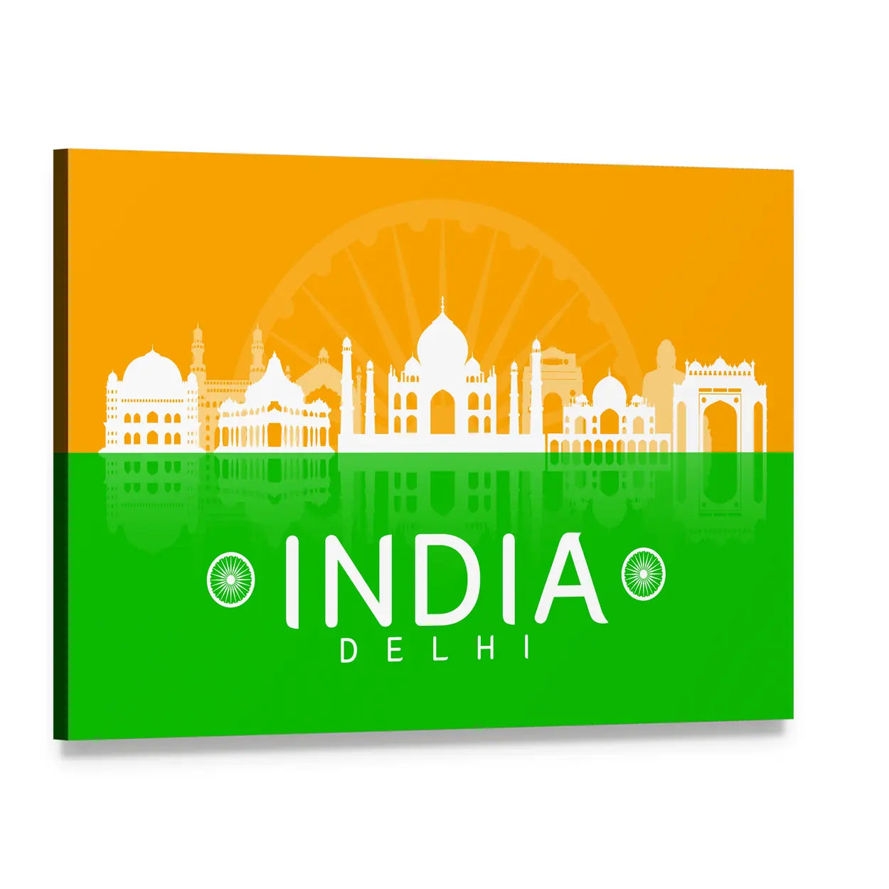 India Skyline Silhouette with Ashoka Chakra Canvas Wall Art, single panel gallery wrapped canvas, angled product view