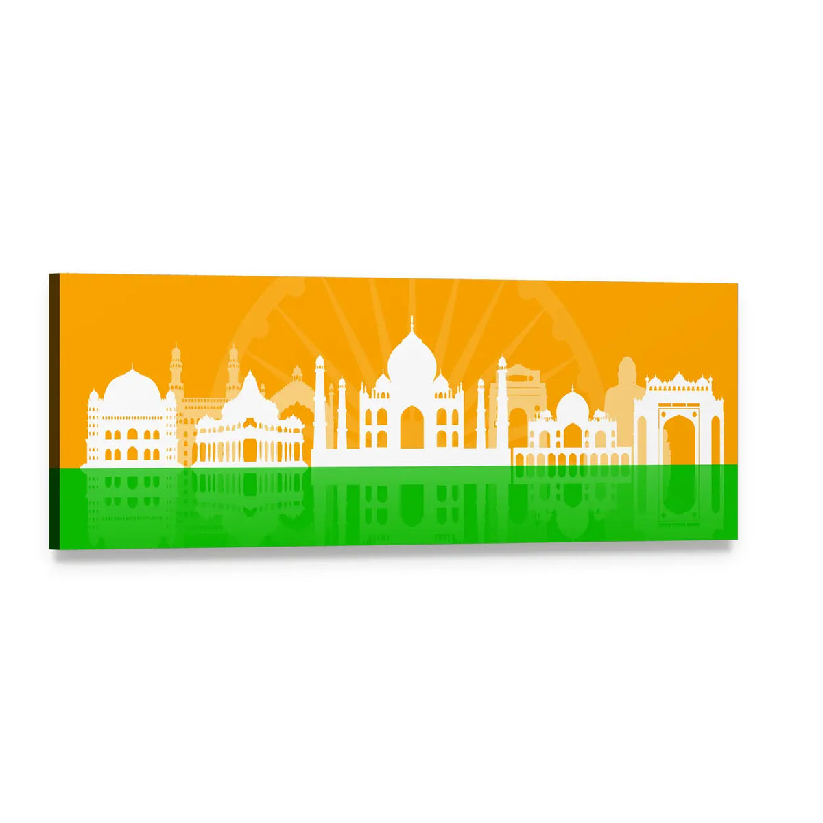 Indian Landmarks Skyline with Ashoka Chakra Panoramic Canvas Wall Art, single panel gallery wrapped canvas, angled product view