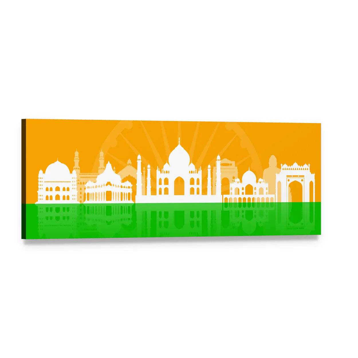 Indian Landmarks Skyline with Ashoka Chakra Panoramic Canvas Wall Art, single panel gallery wrapped canvas, angled product view