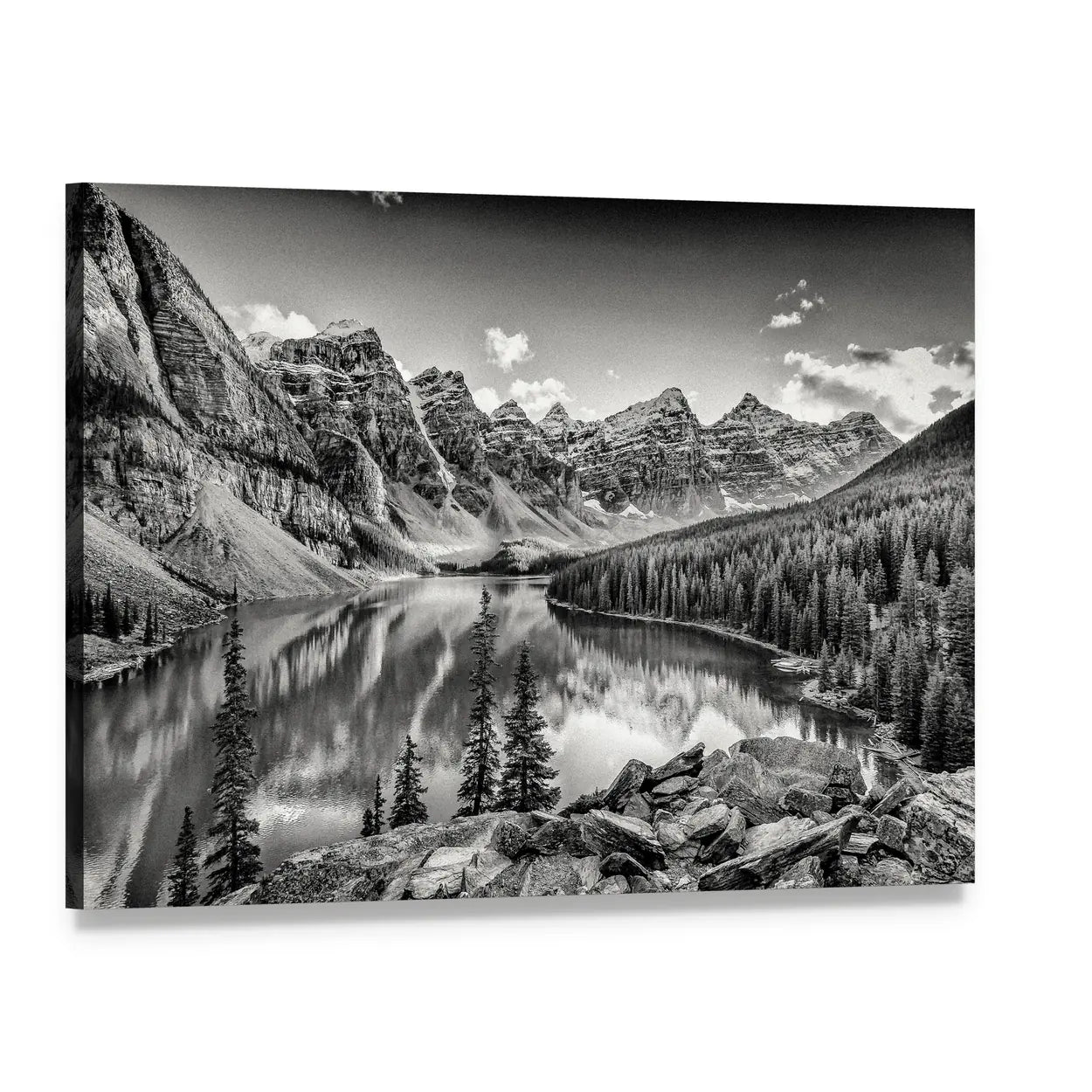 Glacial Mountain Lake with Pine Reflections Canvas Wall Art, single panel gallery wrapped canvas, angled product view